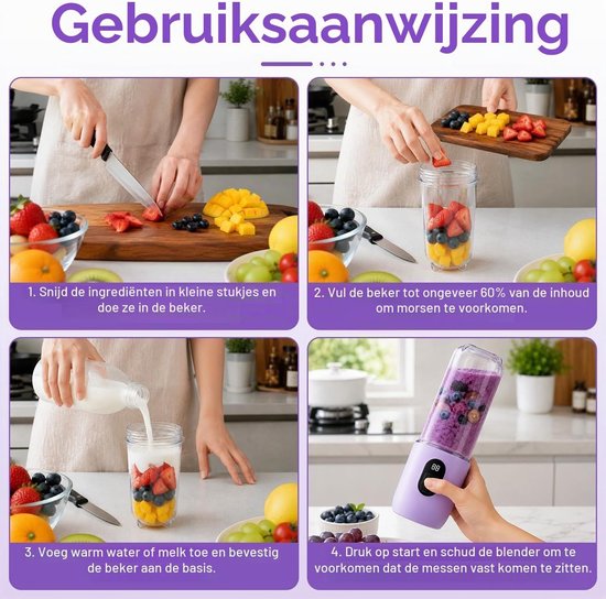Draagbare Mini Mixer met Digitaal Display, Oplaadbare Smoothie Maker voor Fruit, Sappen en Smoothies met Schoonmaakborstel — afbeelding 4