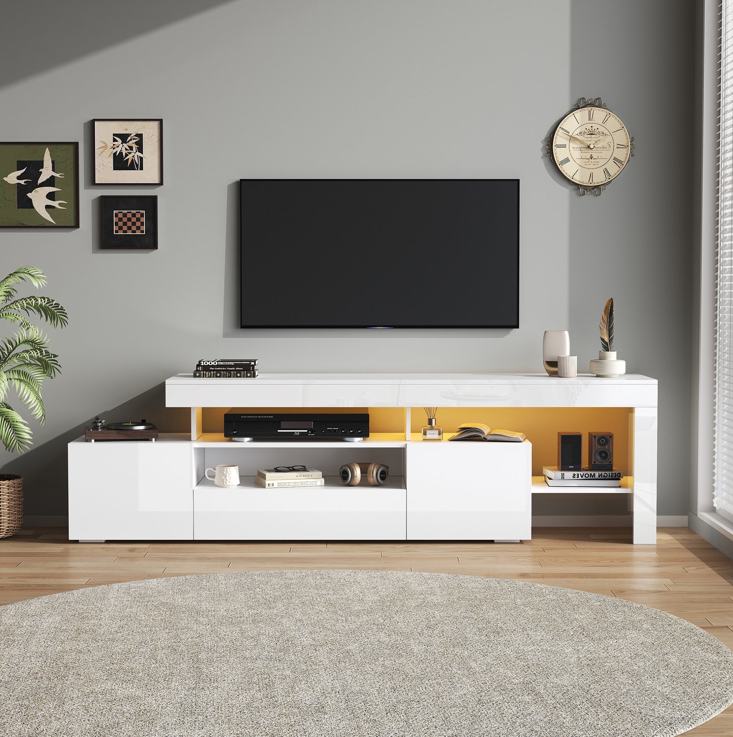 Maisentiel Tv-meubel 192 cm - wit met hoogglans front, 3 klepdeuren en ledverlichting