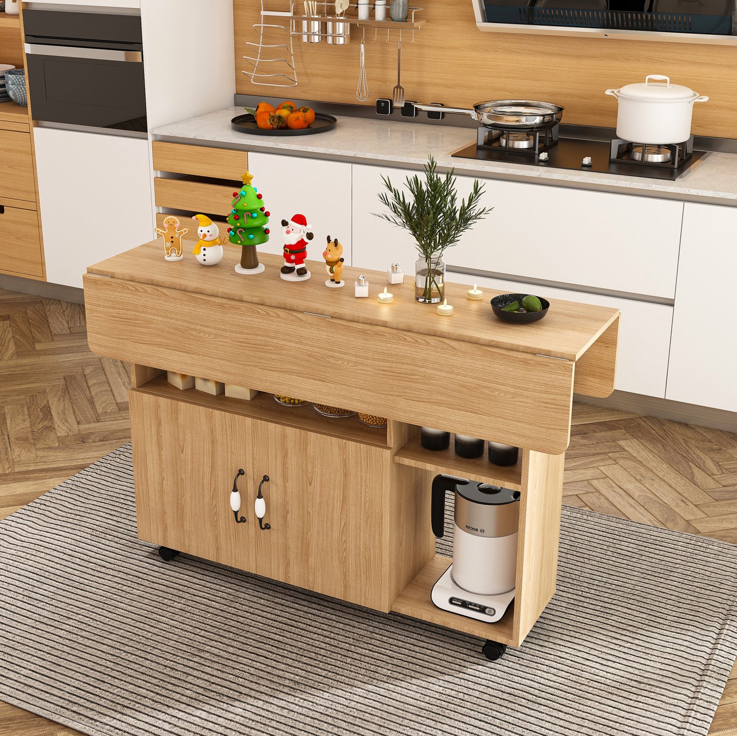 HAUSS SPOLE Eettafel - Opklapbaar Met Twee Tafelbladen En Vijf Wielen - Voor Keuken En Werkkamer - MDF Met Lichte Eikenlook - 110x70x80 Cm Licht eiken