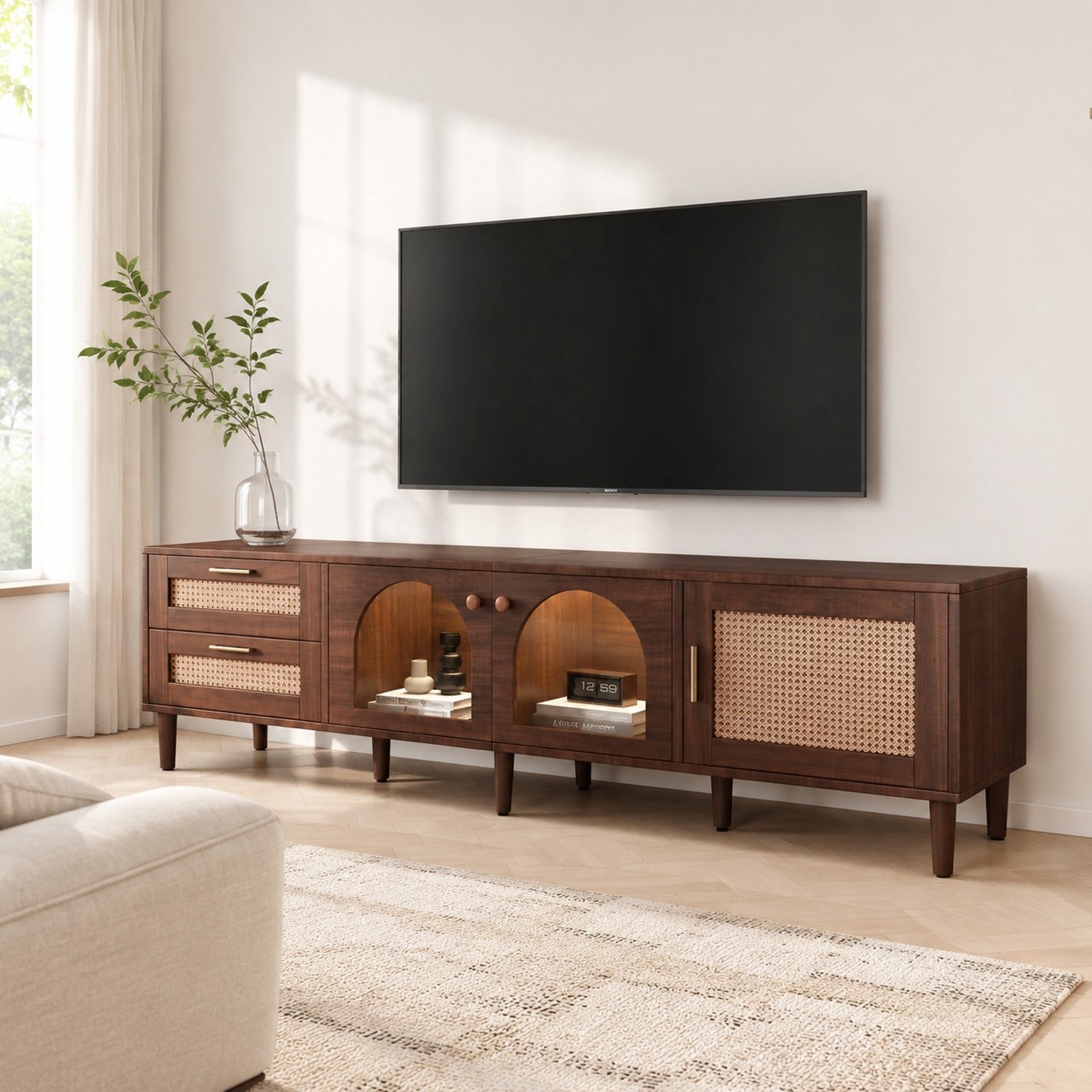Maisentiel Bruin tv-meubel 180 cm met 2 rotan lades, glazen boogdeuren en ledverlichting