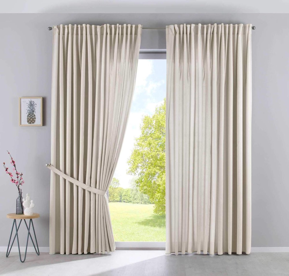 2019037-2, set van 2 gordijnen, verborgen lussen, ondoorzichtig, linnenlook, HxB 250 x 300 cm, gemêleerd, gordijn met gordijnhouder