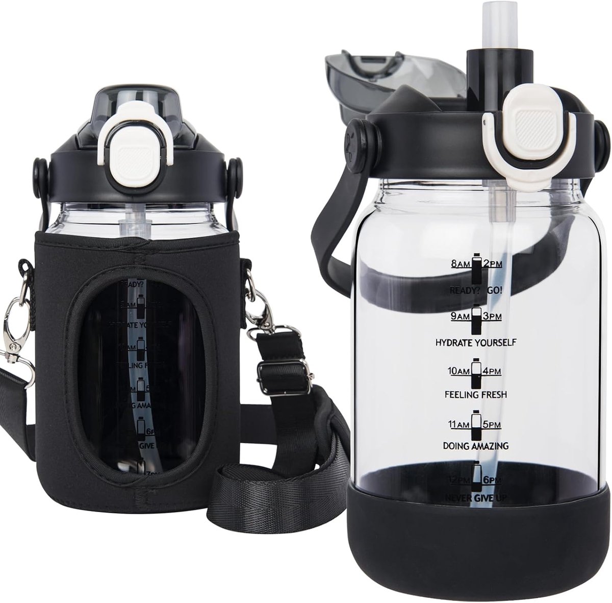 1l glazen waterfles met rietje en motiverende tijdmarkeringen, 1 liter grote drinkfles met fruitinfuser voor sap, smoothie, milkshake
