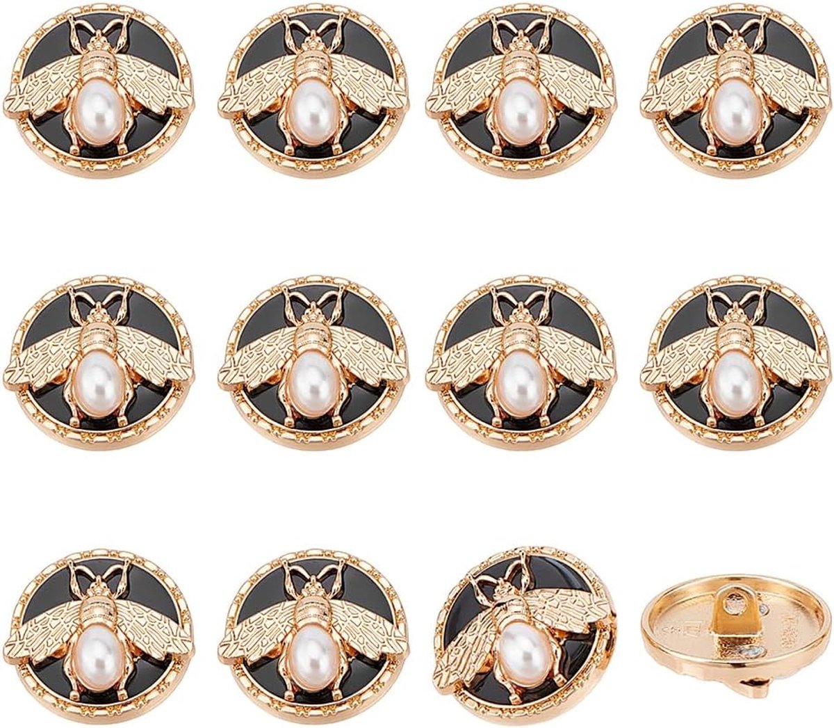 12 stuks bijen ronde knoop van metaal, 3D-bij met kralen, staafknopen van legering, platte ronde naai-knopen, 20 mm, metalen blazerknopen voor het maken van sieraden, goud