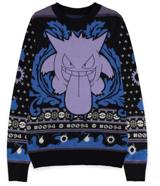 Zwarte trui met een grote paarse Gengar op de voorkant, omringd door blauwe ornamenten en vuur.