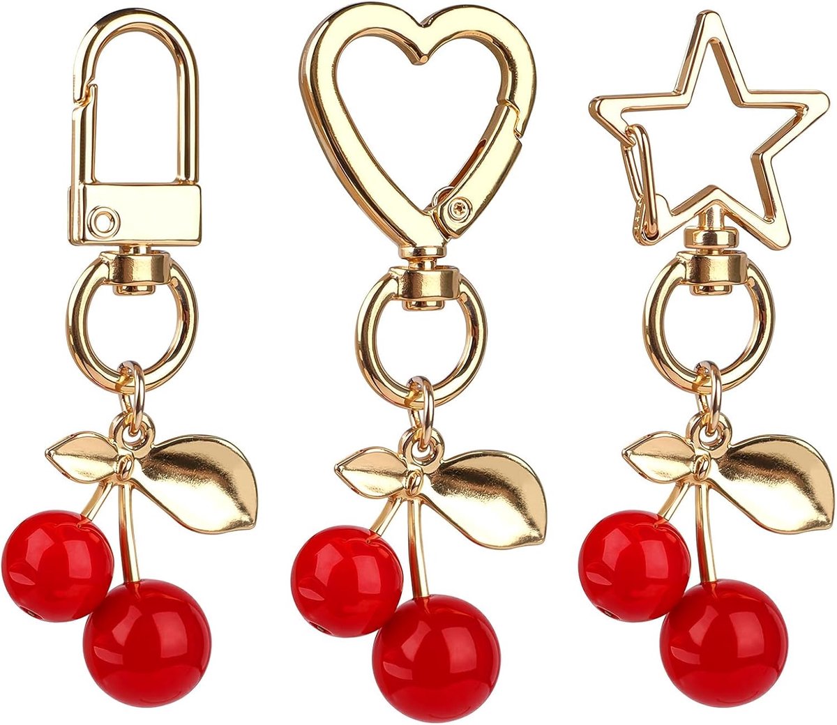 Set van 3 kersensleutelhangers en tasbedels, schattige fruitsleutelhangerset voor handtassen, autosleutels en portemonnees, metalen kersenaccessoires, geschenken voor vrouwen en meisjes