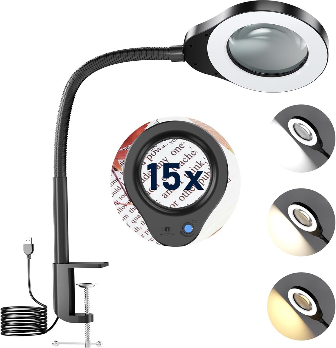 15-voudige loep met licht, led-vergrootlamp, 5 kleurmodi, traploos dimbaar, vergrootlamp met klem, verstelbare zwenkarm, vergrootglas voor handwerk, lezen, knutselen
