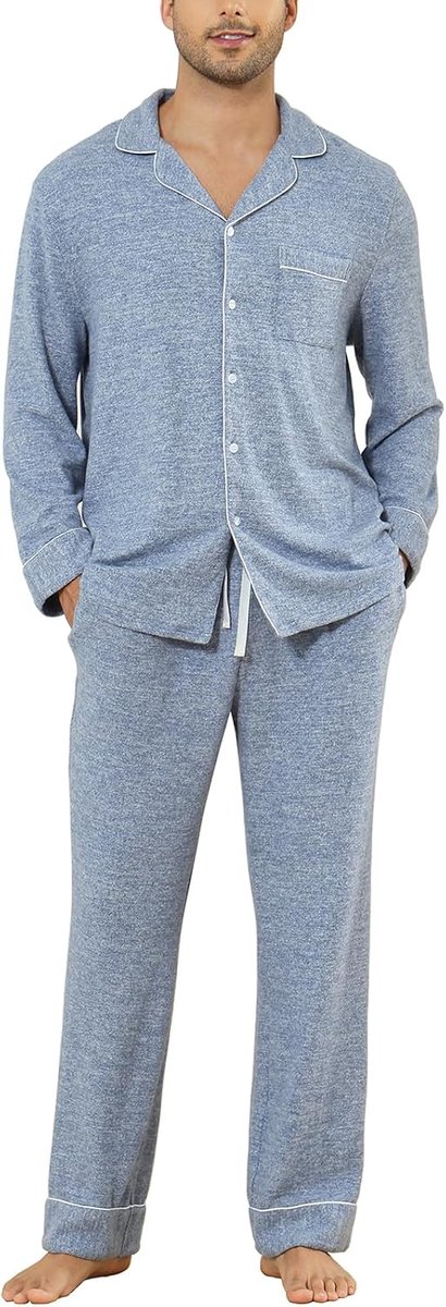 Katoenen pyjama voor heren, licht, lange mouwen, knoopsluiting, zachte nachtkleding voor heren, met zakken, blauw, XL, blauw, XL