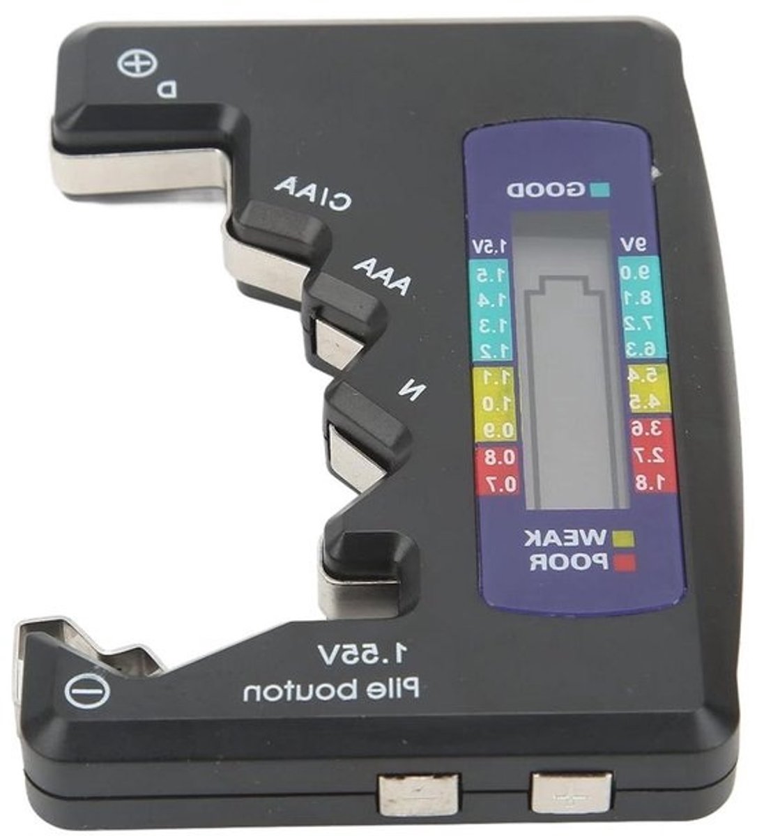 Batterijcapaciteitsmeter en tester - met lcd-scherm - Universele batterijanalysator - D C N AAA AA 9V 1,5V - Ondersteunt carbonzink-, alkaline- en oplaadbare batterijen - Zwart