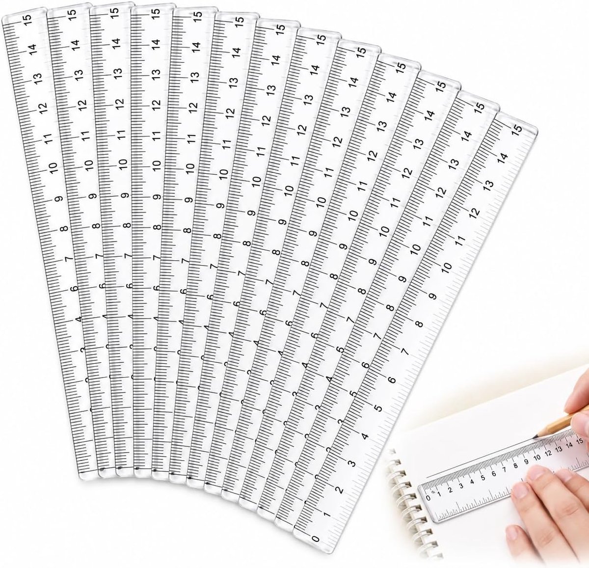 Set van 12 Transparante Kunststof Linealen van 15 cm met Beschermhoes – Duurzaam, Flexibel en Dubbele Schaalverdeling voor School en Thuisgebruik