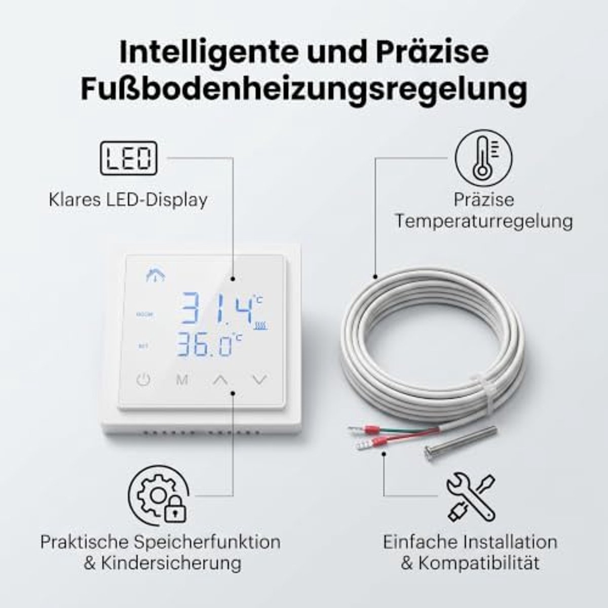 Thermostaat voor vloerverwarming, intelligente programmeerbare temperatuurregelaar met dual-sensing lcd-display, kinderbeveiliging, stroomopslag (wit)