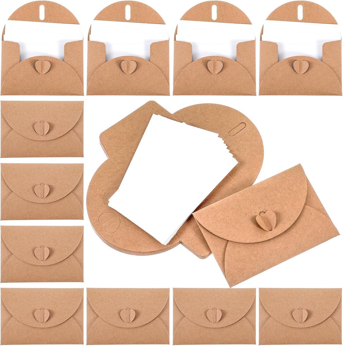 25 stuks mini-enveloppen met kaarten, kraftpapier, enveloppen, vintage, kleine enveloppen met hartsluiting, voor cadeaukaarten, doe-het-zelf bedankkaarten, Kerstmis