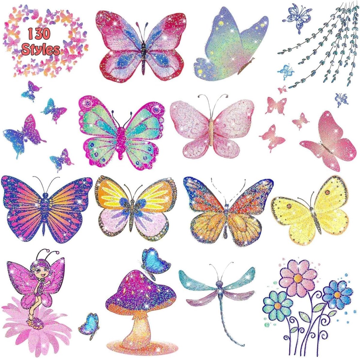 Vlindertatoeages voor kinderen, 130 stuks glittertatoeageset voor kerstman cadeaus meisjes van 5 6 7 8 9 jaar, glitter meisjes cadeau kinderverjaardag adventskalender vulling kinderen