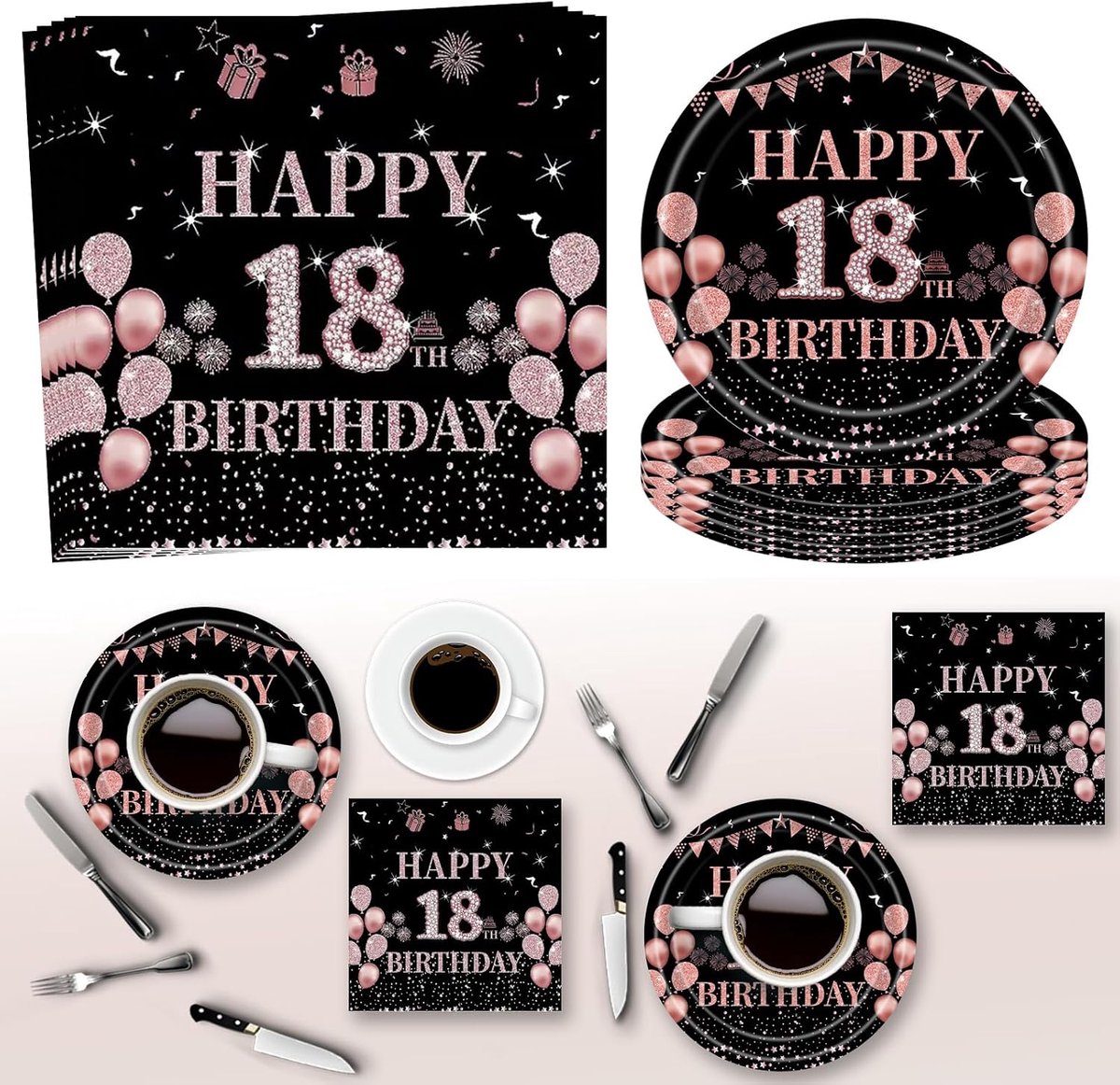 Feest servies voor 16 gasten, 18 verjaardagsdecoratie servetten, roségouden verjaardagsdecoratie papieren borden servetten, voor mannen vrouwen Happy Birthday servetten decoraties (papieren