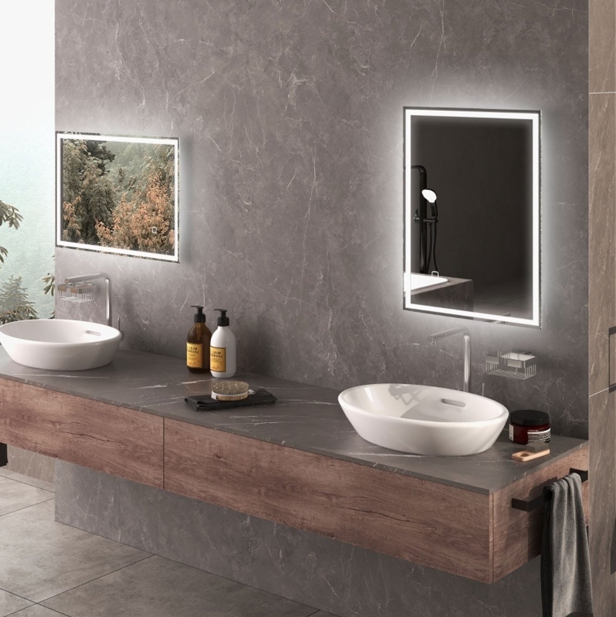 MIVRAY Badkamerspiegel – Dimbare Driekleurige LED-Verlichting – 70 x 50 x 4 cm – Glas – Zilver – Wandmontage met Antibeslagfunctie en Geheugenfunctie