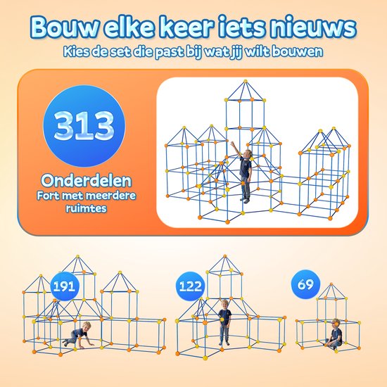 Een imposant fort met 313 onderdelen en meerdere ruimtes, gebouwd door een kind. Omslag van een bouwinstructie met 3 verschillende fortontwerpen: 191, 122 en 69 onderdelen. Kinderen spelen in de verschillende forten.