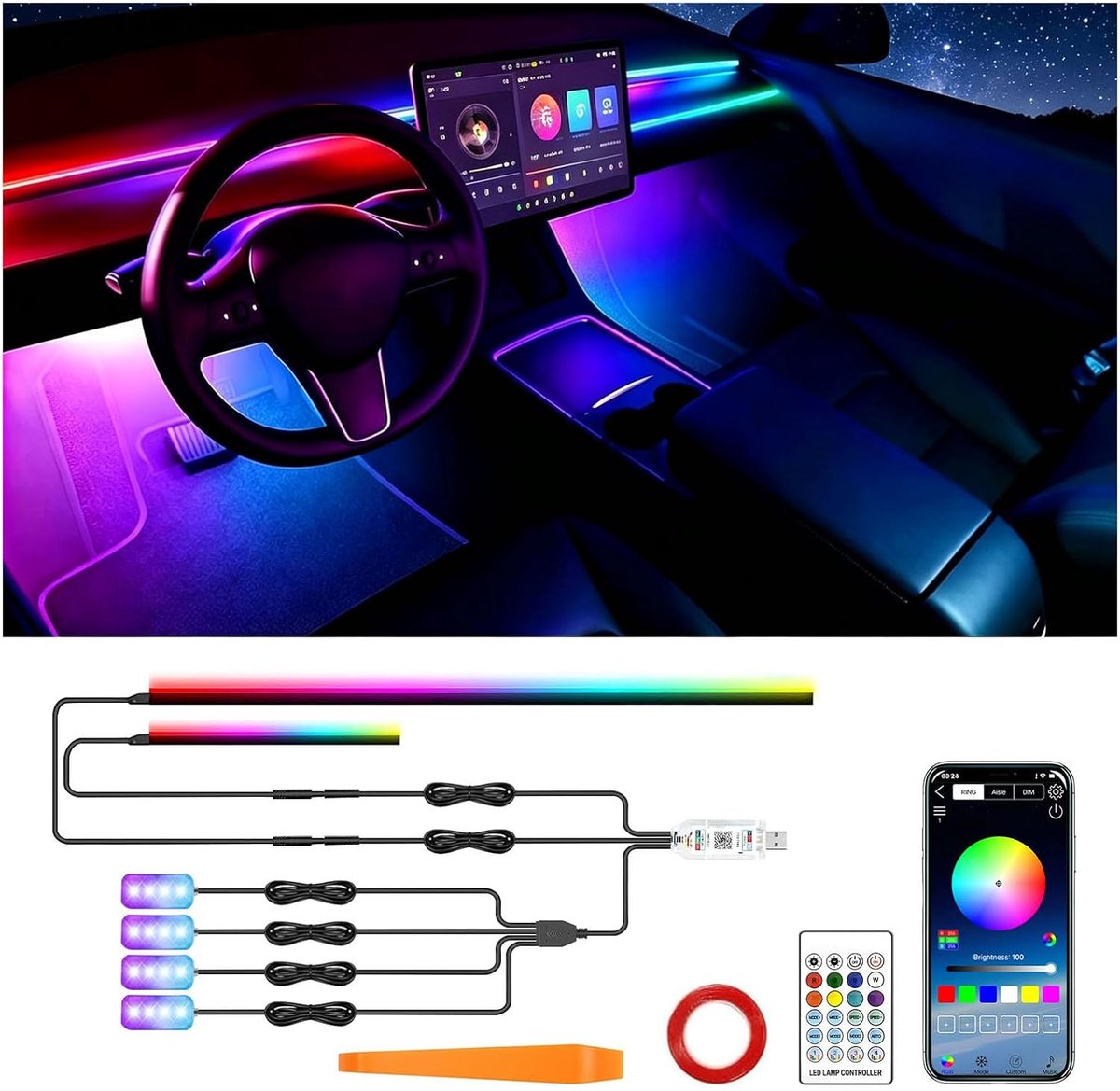 Led-binnenverlichting, auto-sfeerverlichting met app-bediening, RGB 6-in-1 binnenverlichting voor motorvoertuigen, sfeerlichtset met muzieksynchronisatie, dynamisch droomkleurverloop-effect