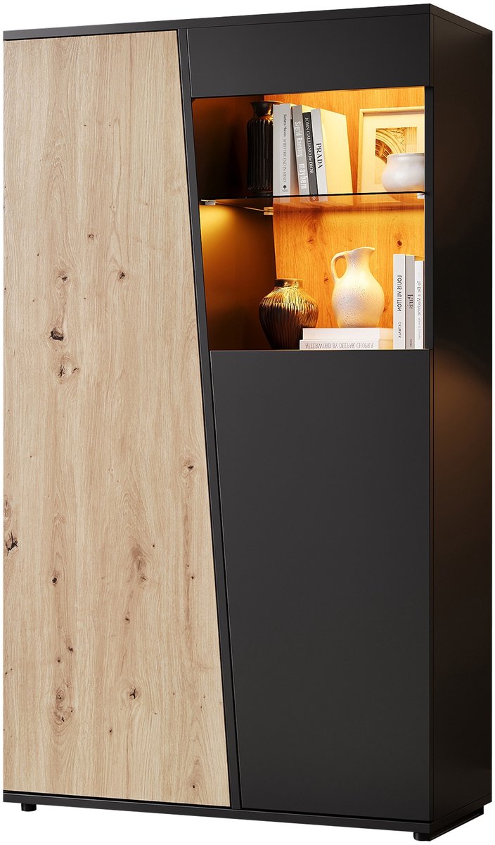 LONG DRAGON Vitrinekast met LED, design-houten deur, glazen scheidingswand vitrinekast, meerdere opbergruimtes, hoge kast verzamelvitrine voor woonkamer, kantoor, hal, zwart & houtkleur, 80x35x139,5 cm