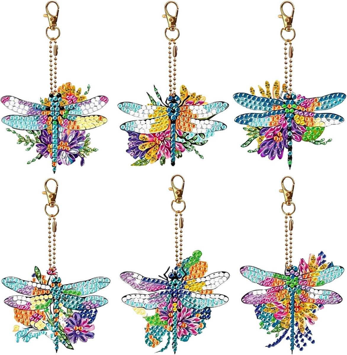 5D Diamond Painting sleutelhangers, 6 stuks dubbelzijdige diamantkunst sleutelhangers voor volwassenen, libelle sleutelhangers voor vrouwen, rugzak en handtas