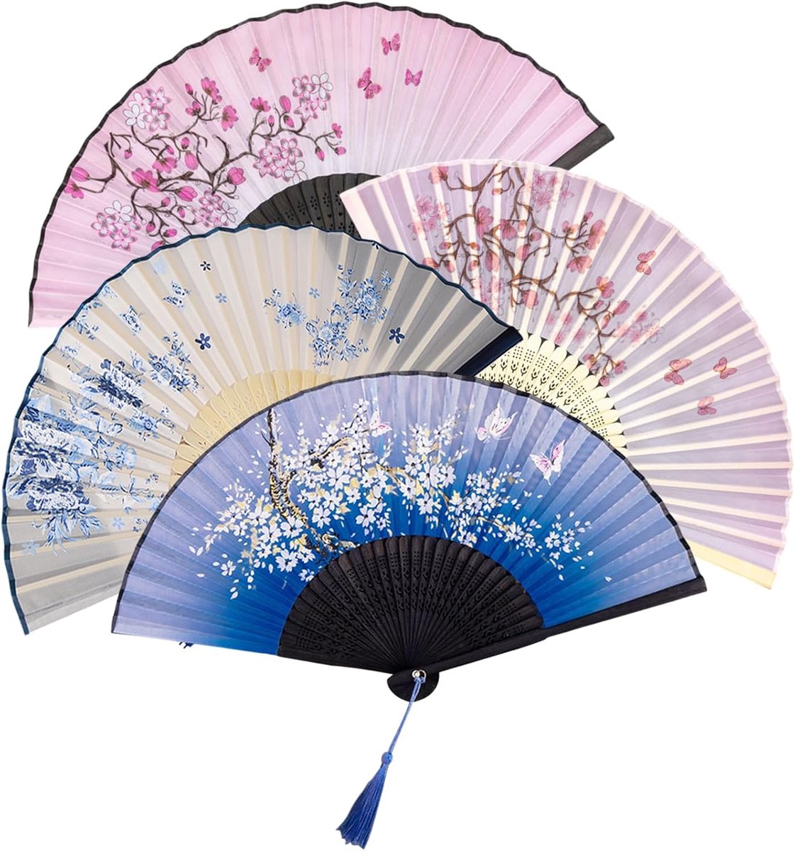 4 stuks waaiers van bamboe in Chinese stijl met pompons, Chinese waaiers voor verjaardagscadeaus, dans, cosplay, bruiloft, feest, decoratie