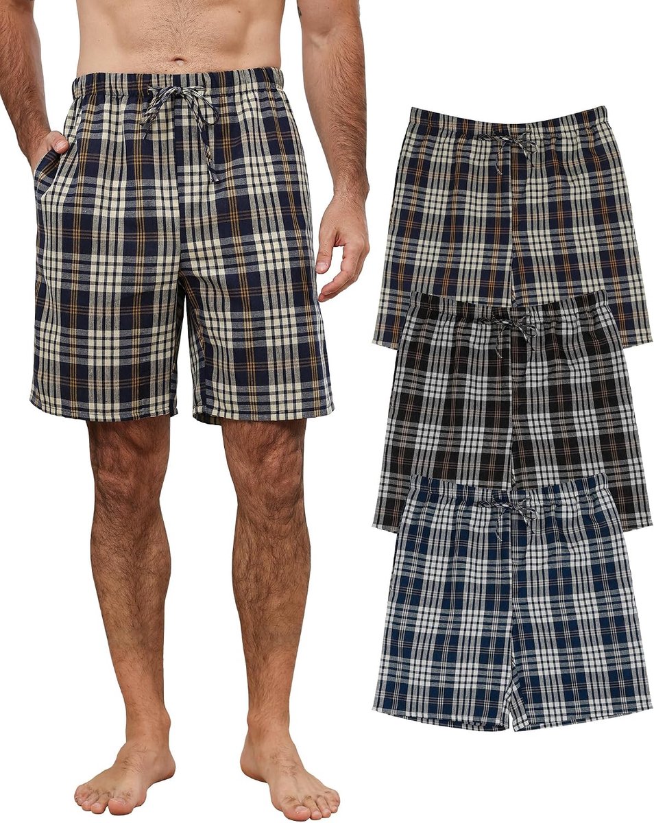 Set van 3 herenpyjamabroek, korte shorts voor heren, katoen, zomer, shorts, geruit, nachtkleding met zakken en trekkoord