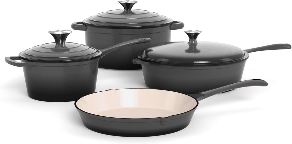 Gietijzeren pan, 7-delige set met Dutch Ovens, grijs