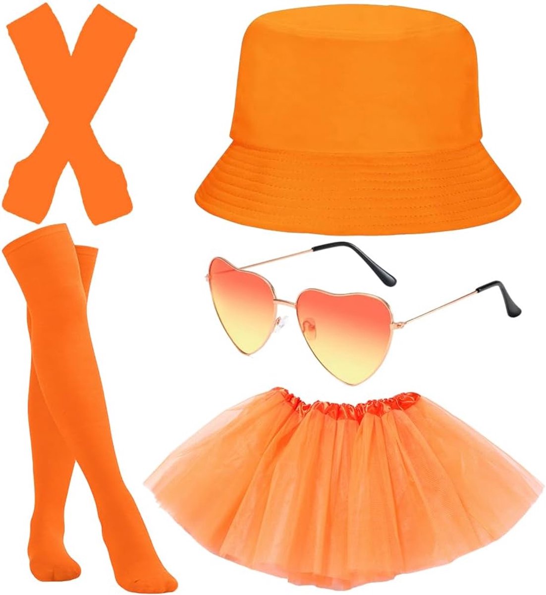 Spritz kostuum, 5 stuks, oranje, vissershoed, vissershoed, retro bril in hartvorm, apero-partyhoed, tule rok, oranje, dames, kniekousen, lange vingerloze handschoenen, dans