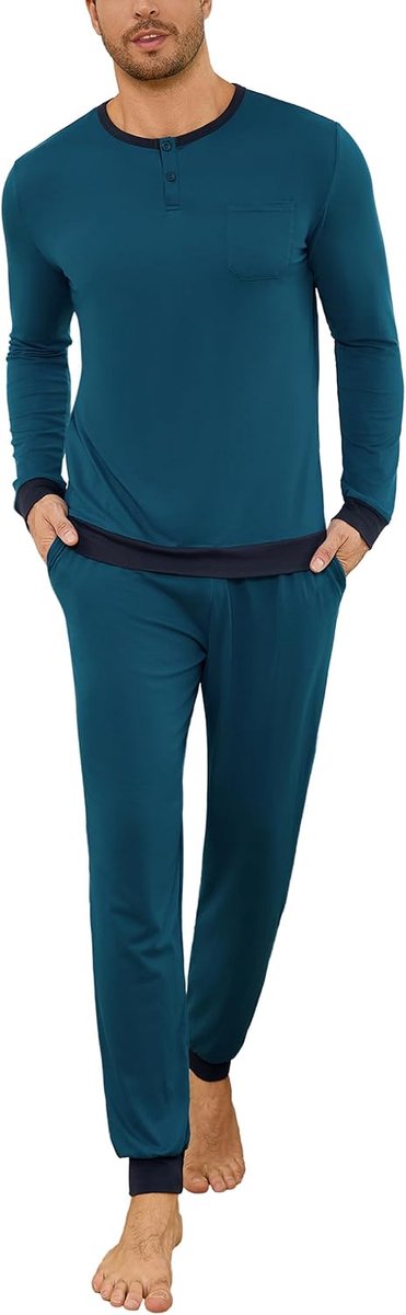 Pyjama voor heren, lang, met manchetten, contrasterende kleuren, katoenen pyjamaset, lange mouwen, nachtkleding, S-4XL