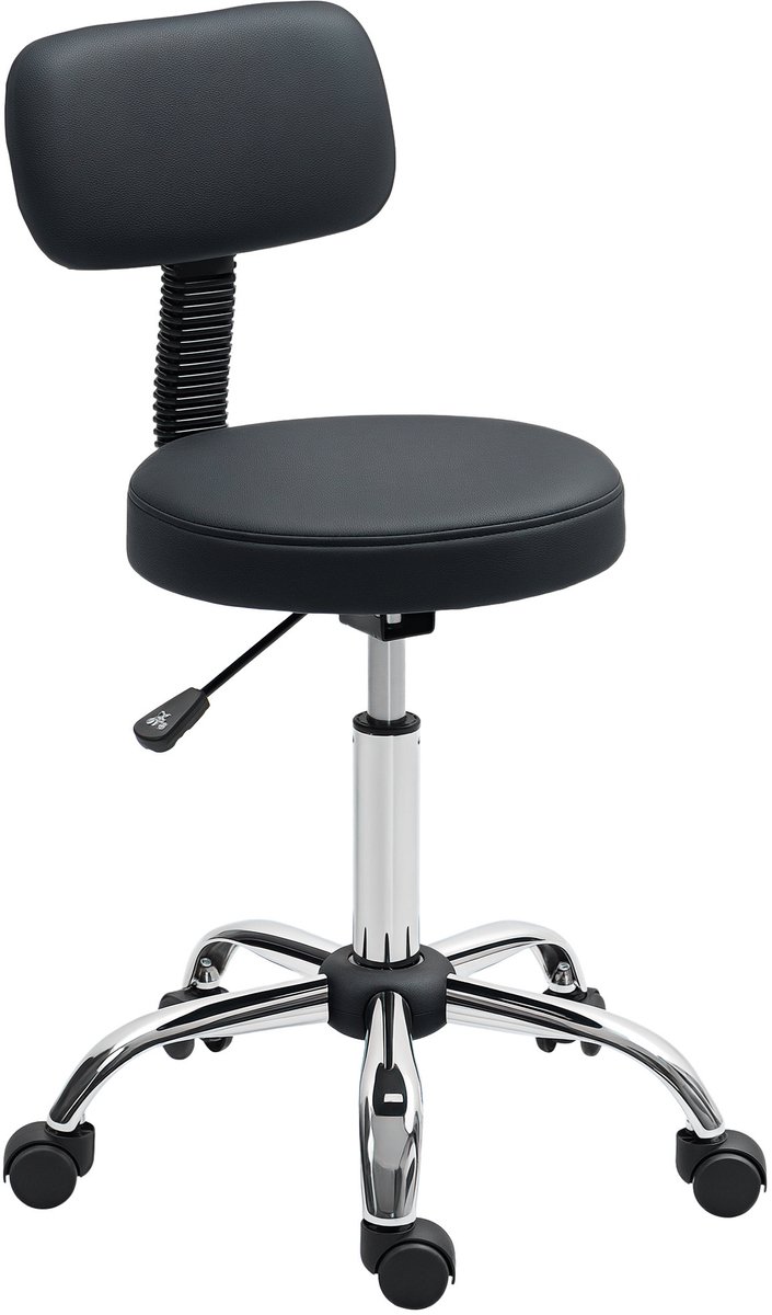 Salonkruk - in hoogte verstelbaar 78-93 cm, 360° draaibaar, met rugleuning, op wielen, tot 120 kg, zwart, voor beautyruimte