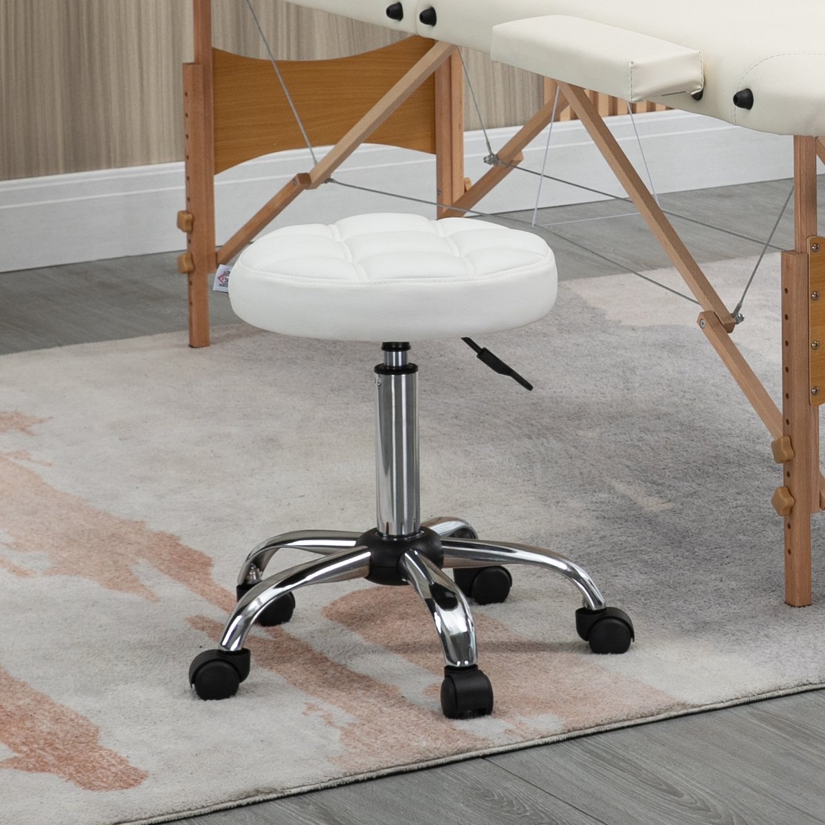 Salonkruk - in hoogte verstelbaar 48-63 cm, 360° draaibaar, op wielen, kunstleer, tot 120 kg, wit, voor beautyruimte