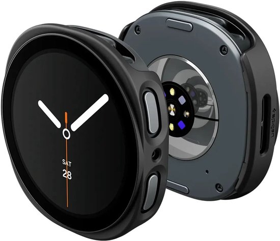 Zwarte Spigen Thin Fit bumper en smartwach, tonend de achterkant met sensoren en het merk Spigen.
