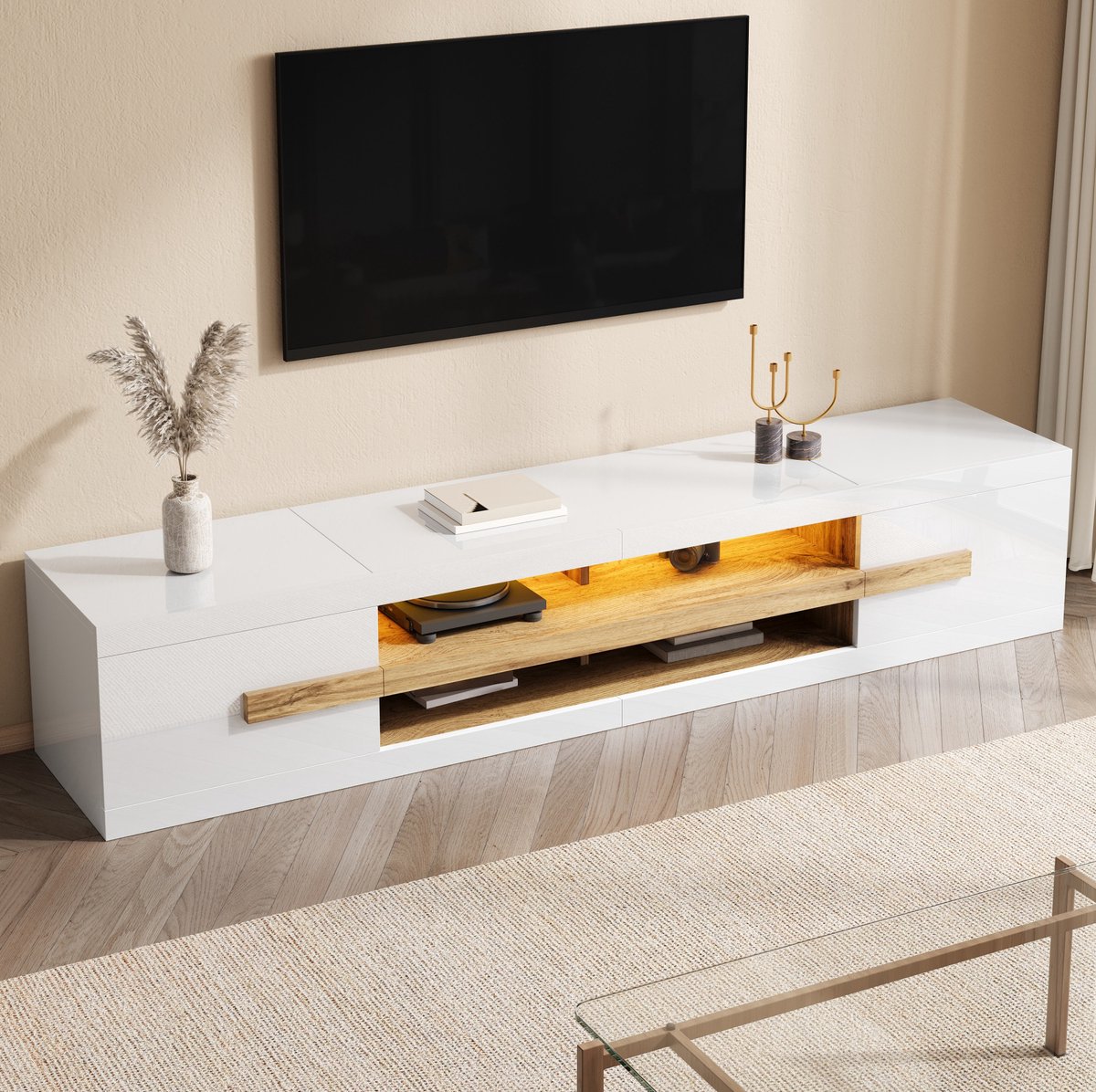 STILVORA TV-Meubel - LED-Verlichting Met App-Bediening - 2 Deuren En Open Vakken Voor Woonkamer - Spaanplaat - 200x40x38 Cm - Wit