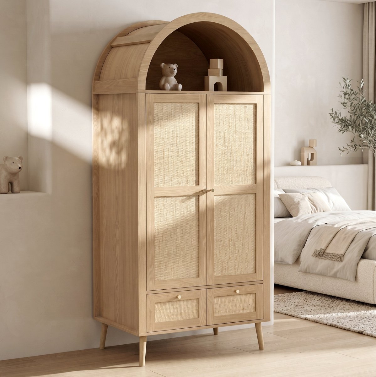 STILVORA Kledingkast - Boogvorm Met 2 Deuren, 2 Lades En Kledingroede - Voor Slaapkamer - MDF En PE-Rattan - 80x55x180 Cm - Eik Eiken