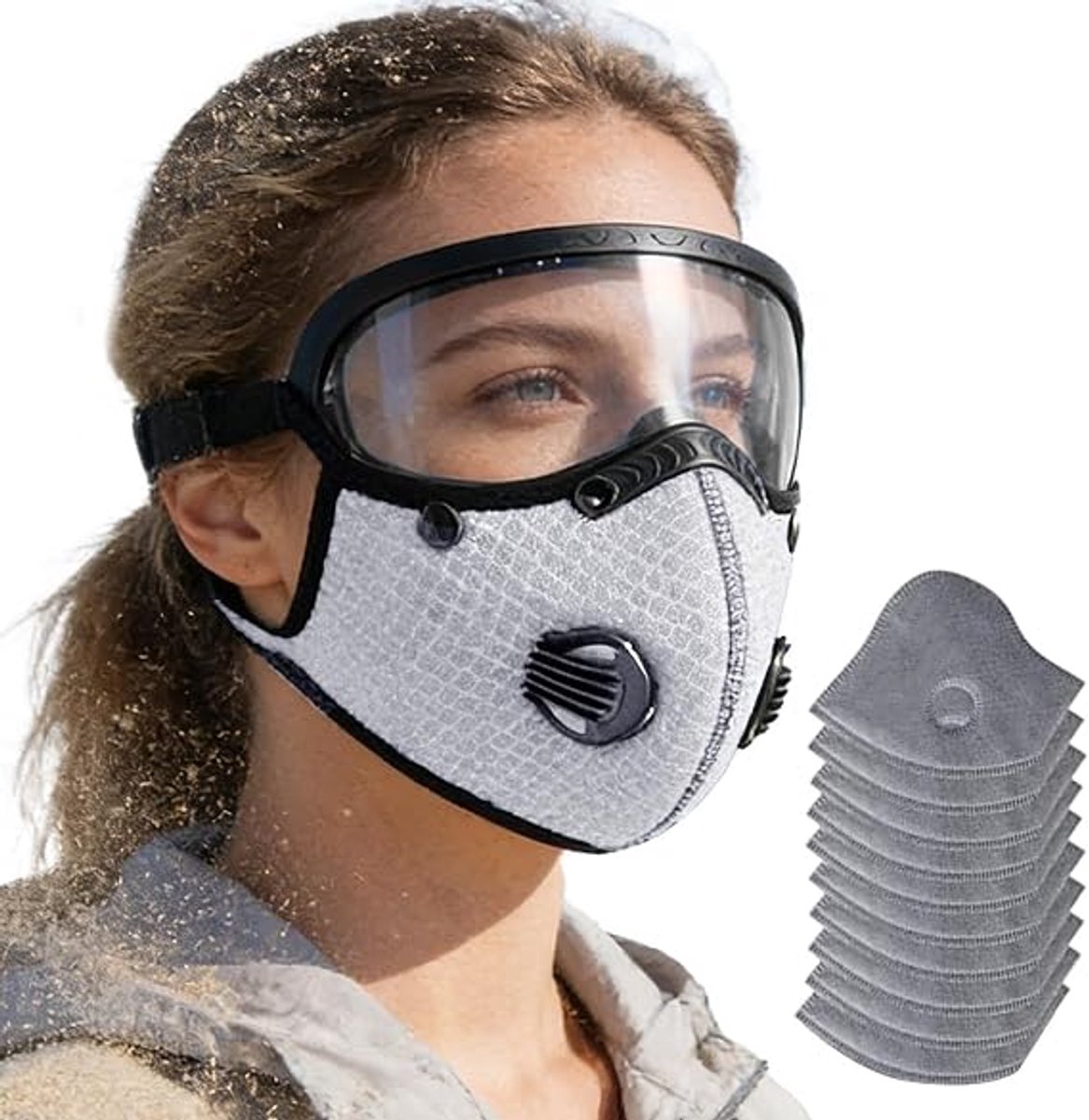 1 Fietsmasker met Bril - Inclusief 10 filters (10 x 14 cm) - Unisex - Met afneembare bril - Geschikt voor diverse gelegenheden, zoals binnen, buiten, werkplaatsen, tuinieren en klussen