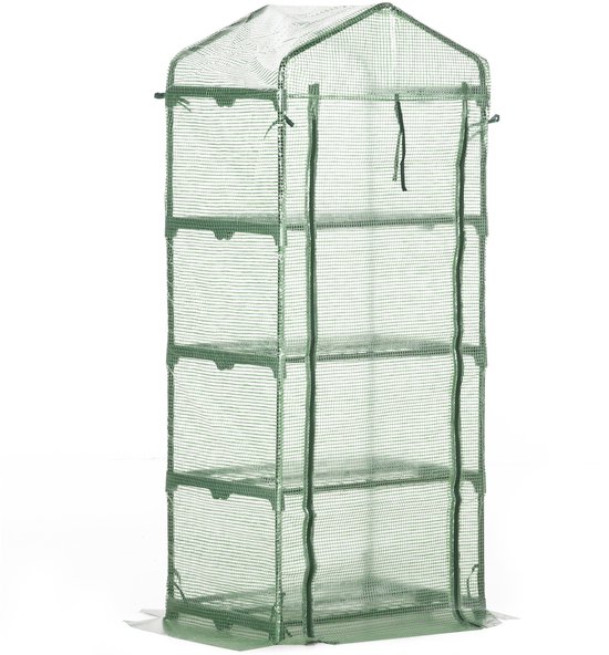 Groene tuinkas op vier niveaus met een stalen frame en een oprolbare deur met ritssluiting, op een witte achtergrond.