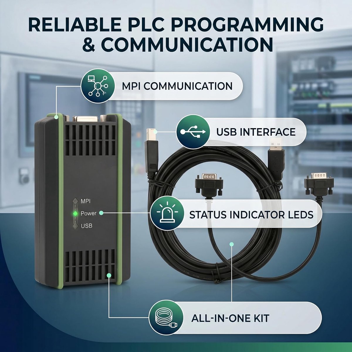 USB MPI Programming Cable Compatible with S7-200 300 400, 7 Pin Insulated PLC Cable Adapter, 4.4 Meters, Black - ShopVlot