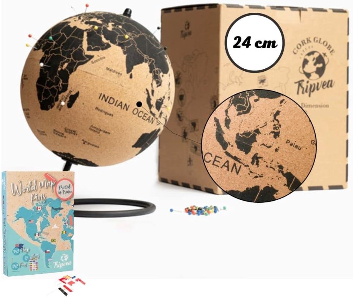 SnelShoppen - Grote Zwarte Kork Globe - Decoratieve Wereldkaart - Vintage Reis Themapresentatie - Ideaal voor Kantoor en Cadeau (23cm + 342 Vlaggen)