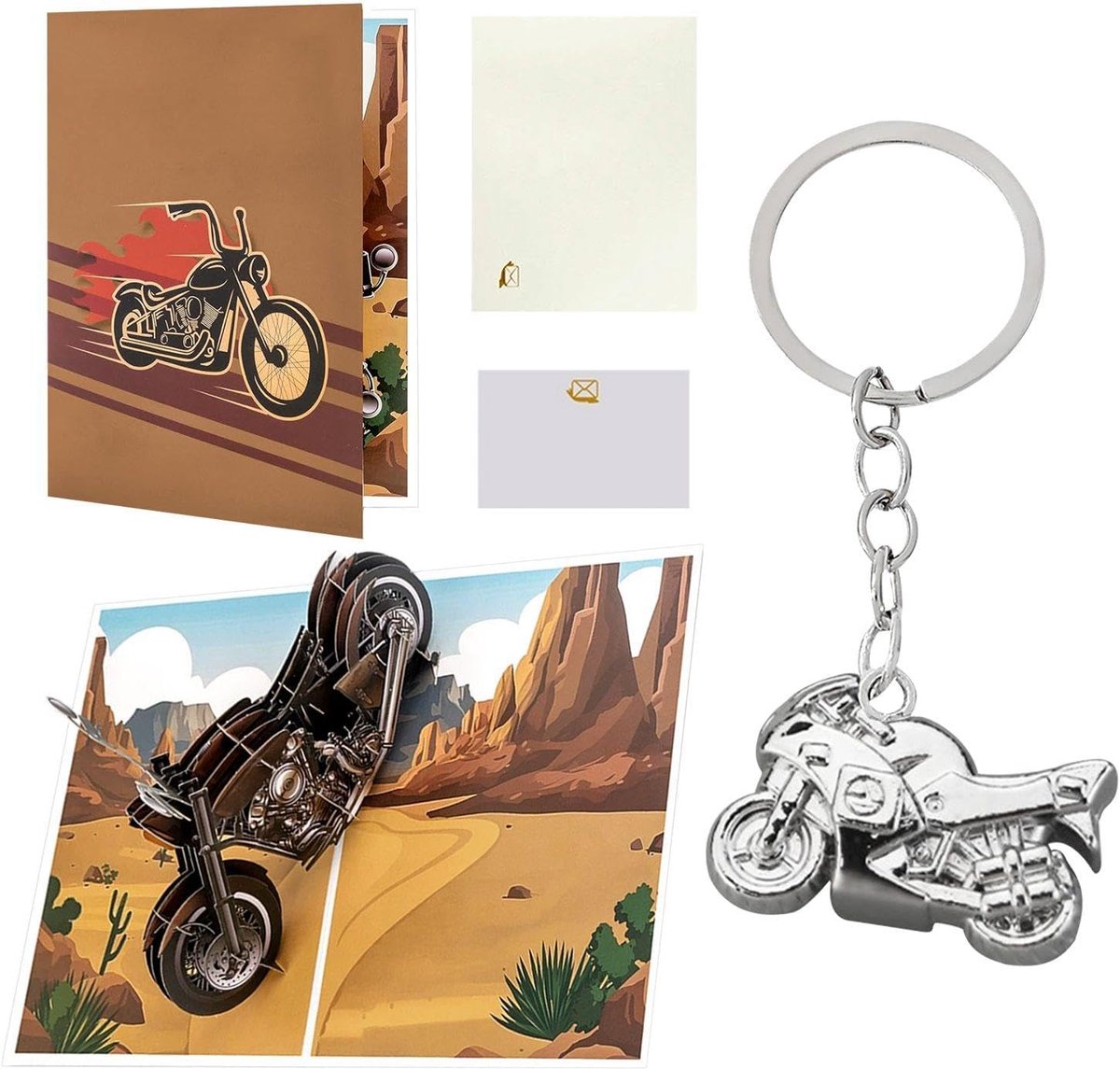 Wenskaart en sleutelhanger motorfiets - 1 stuks - bruin en zilver - verjaardagscadeau voor vader - ShopVlot