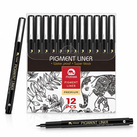 Verpakking van 12 Mobee Pigment Liner Premium fineliners. Een fineliner ligt ernaast, met de tekst "Water proof • Super black".
