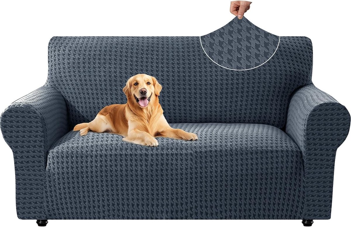 Stretch Sofa Cover voor 2 Zits Bank, Universele Elastische Hoes met Anti-slip Schuim, Krabbestendige Bescherming voor Woonkamer, Donkergrijs