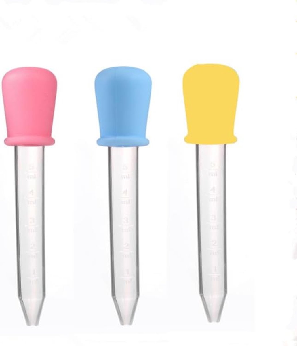 Pipetten met siliconen punt, 5 ml, transparant, roze, blauw en geel, set van 6 - ShopVlot