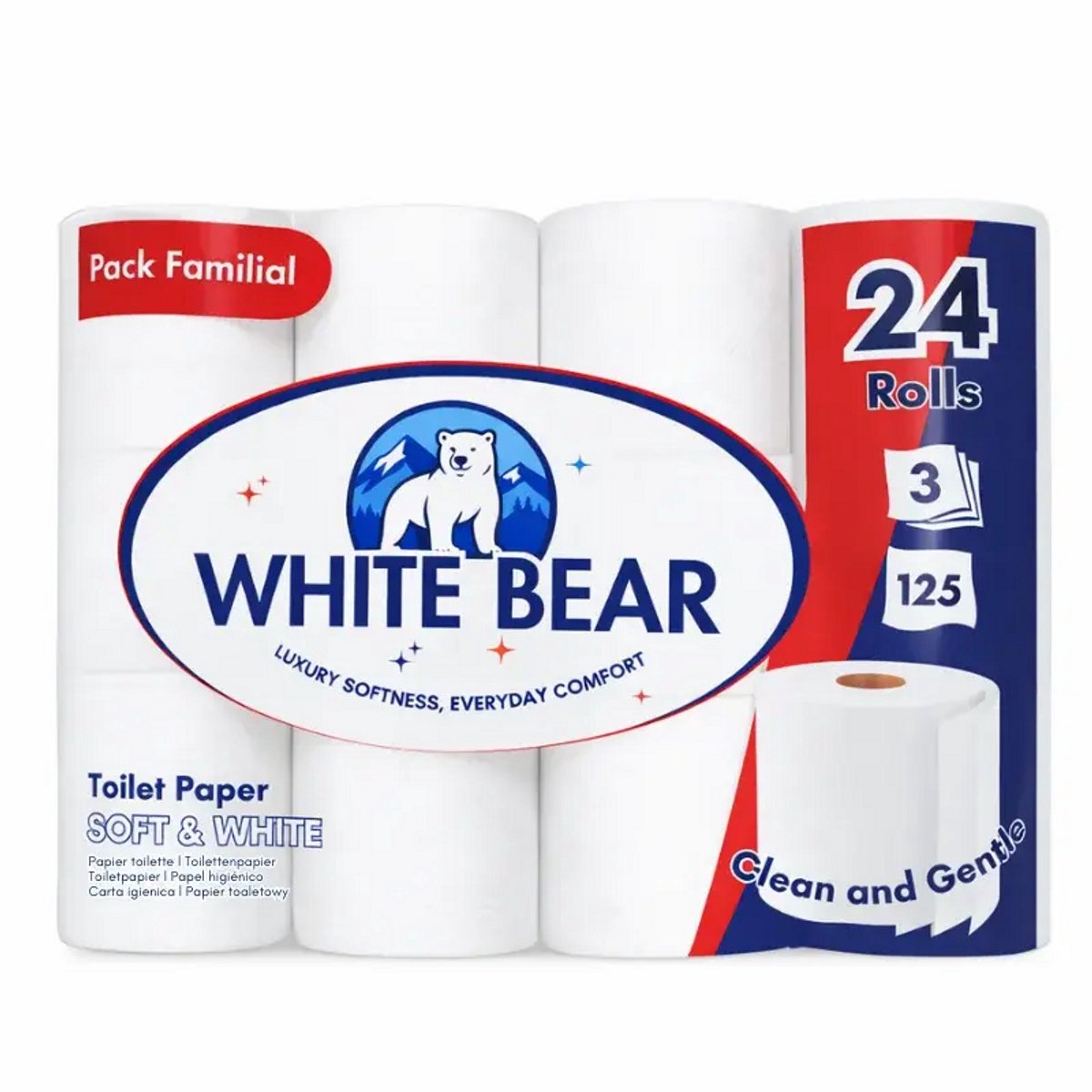White Bear Toiletpapier 24 Rollen – 3-Laags – 125 Vellen per Rol – Zacht Wit WC-Papier – 100% Cellulose