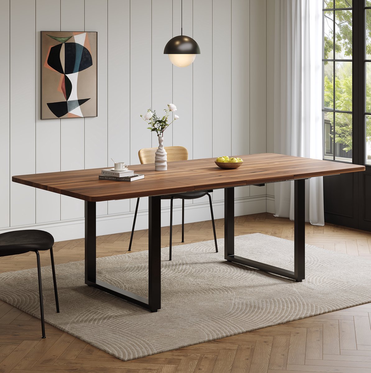 OKWISH Eettafel - Uitschuifbaar Met Drie Lengtes - Voor 6 Tot 10 Personen - Metalen Poten - MDF Walnootkleur - 140 Tot 220 x 80 cm