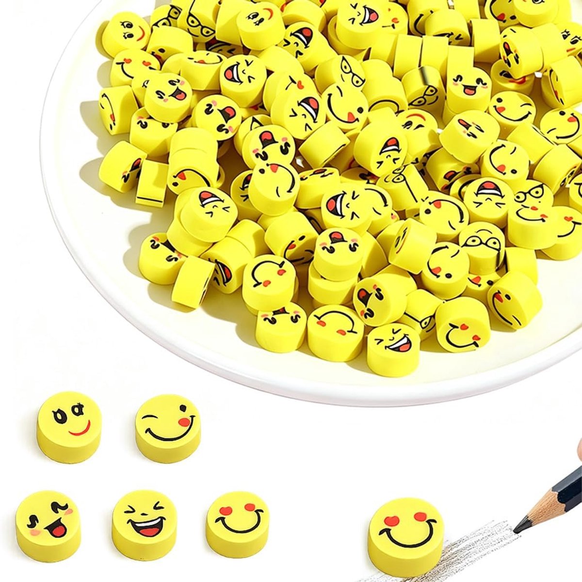 100 stuks lachgummen, ronde gummen, lachgezicht, geel, mini, voor carnaval, school, tombola, knutselen - ShopVlot
