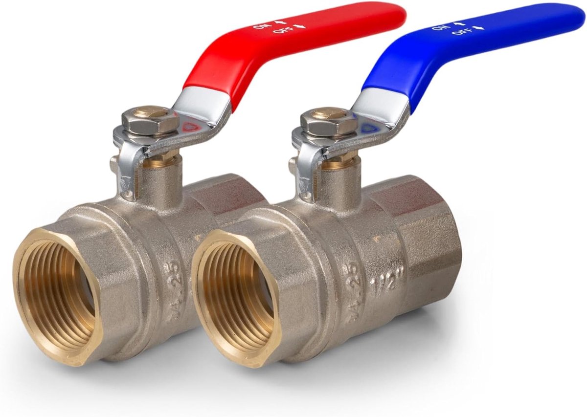 VANCOCO Kogelkraan 1/2 inch IG-IG, set van 2, afsluitkraan van messing, hendelgreep blauw en rood, PN-40 - ShopVlot