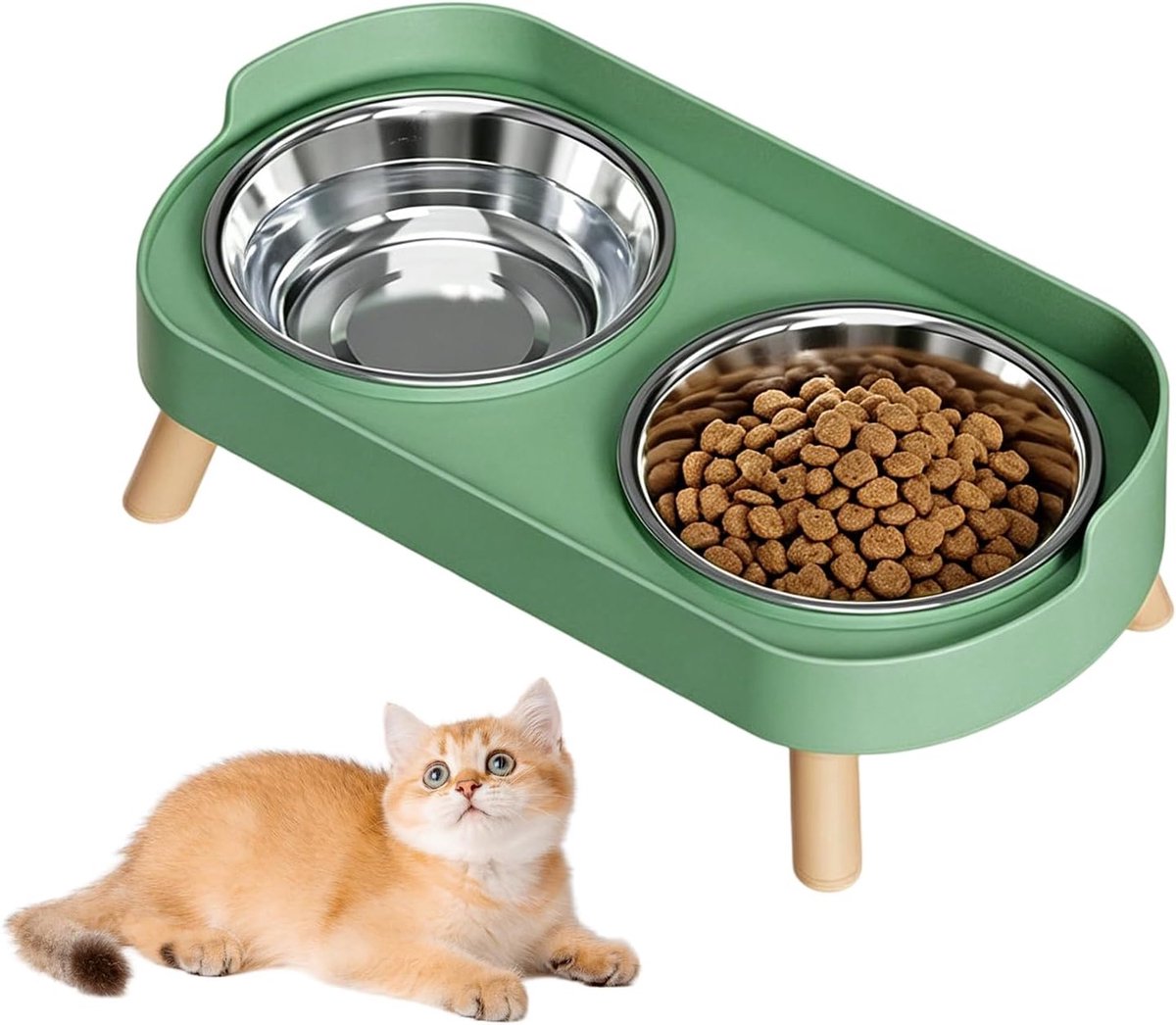 2-in-1 voer- en waterbakset voor katten, verhoogde dubbele kattenbak van roestvrij staal (groen)