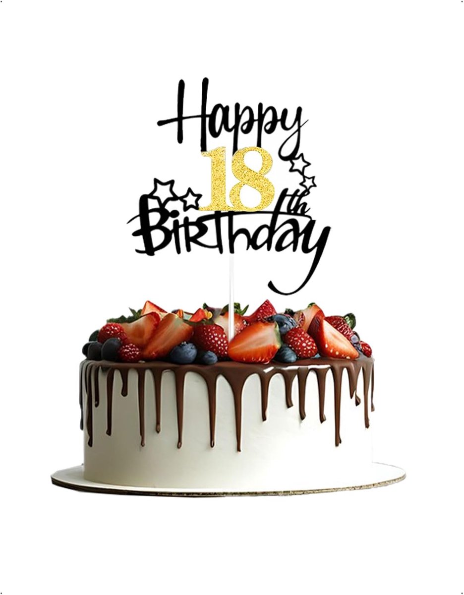 Taartdecoratie voor de 18e verjaardag, zwart en goud, Happy Birthday, taarttopper, taartdecoratie voor jongens en meisjes, feestdecoratie, taarttopper, accessoires voor 18 jaar