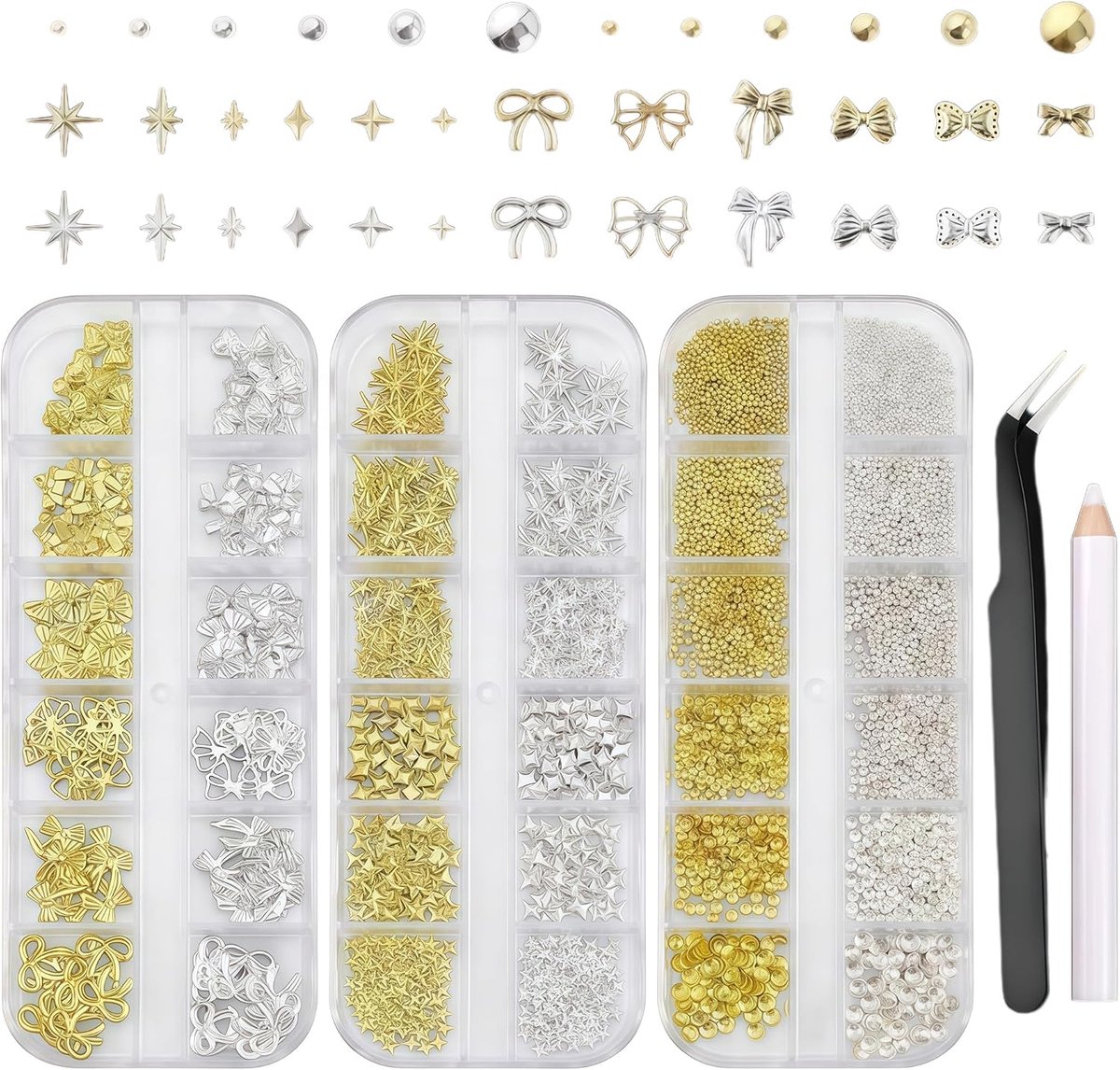 3 dozen Nail Charms Nagel Art Accessoires 36 typen Goud Zilver Ster Strikt Parel Nagelontwerp