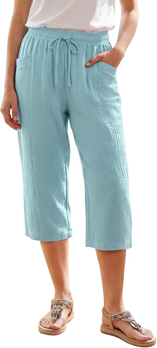 Capribroek voor dames, zomer, 3/4-broek, wijde broek met zakken, elastische tailleband, koel, comfortabel, katoenen linnen, vloeiende strandbroek