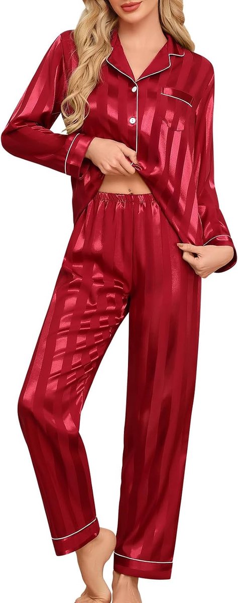 Pyjama voor dames, zijdeachtige gestreepte pyjama zachte loungewear met lange mouwen, tweedelige pyjamaset, button-down top en volledige lengte broek, bruidsmeisje, nachtkleding