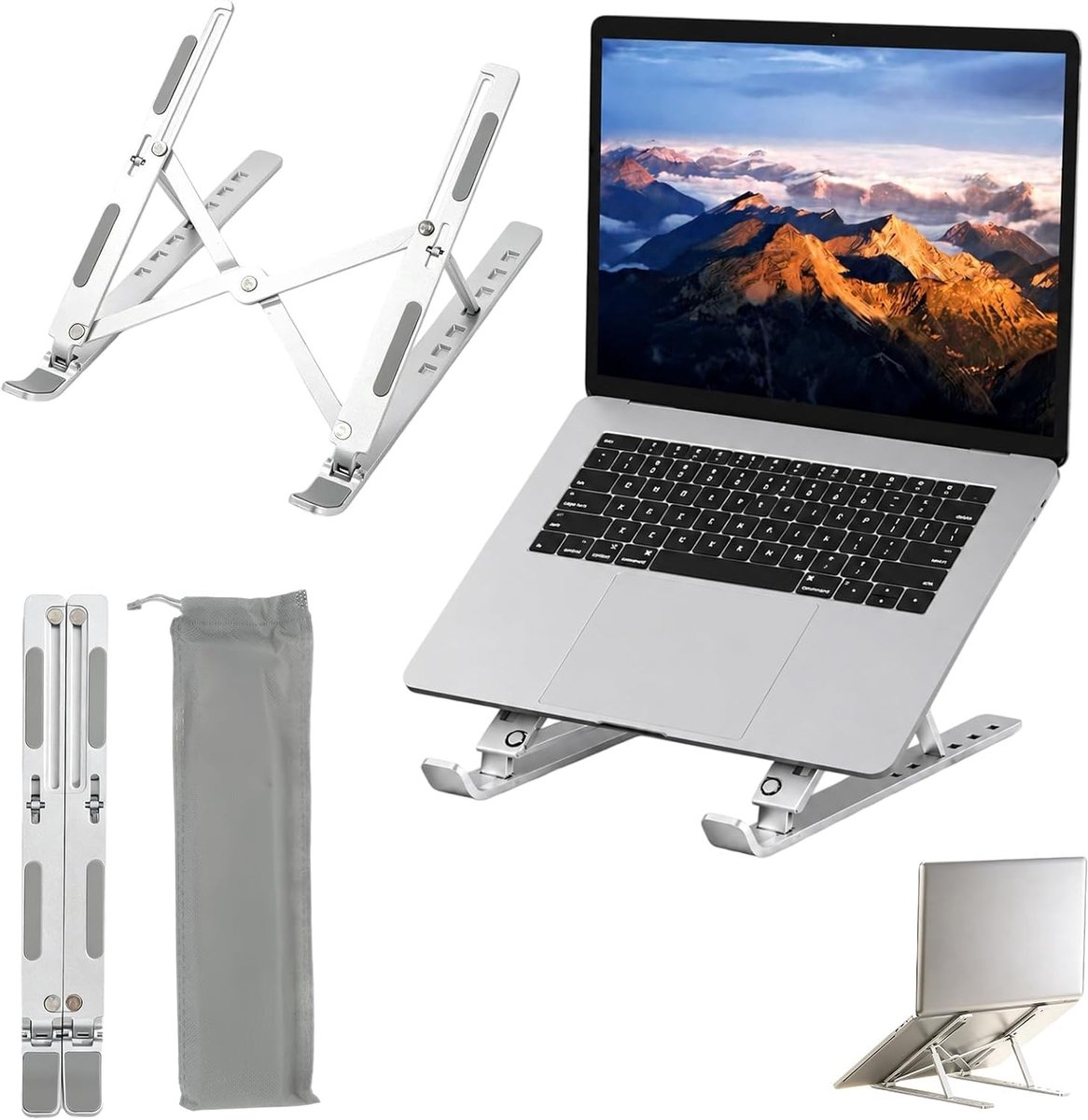 Laptopstandaard van aluminium, 5 niveaus, verstelbaar, ergonomisch, opvouwbaar, licht, koeling, antislip, geschikt voor andere laptops van 10 tot 15,6 inch